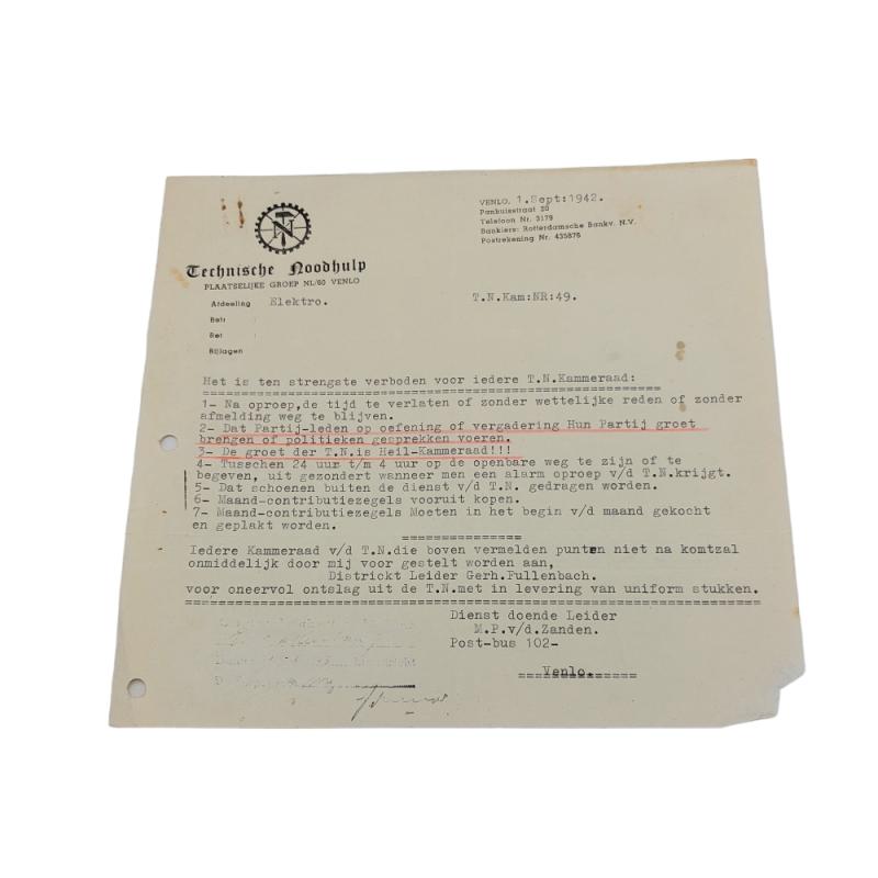 Dutch TENO (Technische Noodhulp) Letter Venlo